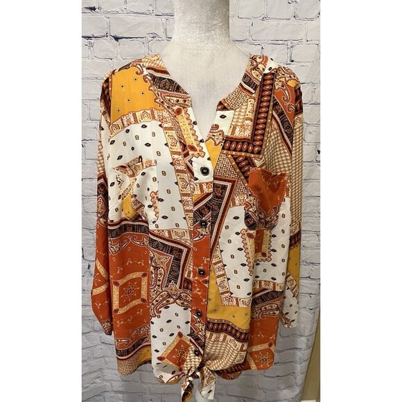 Ruby Rd. Women's Blouse lightweight Geometric Design Roll Tab Sleeve Size 3X - Picture 1 of 6